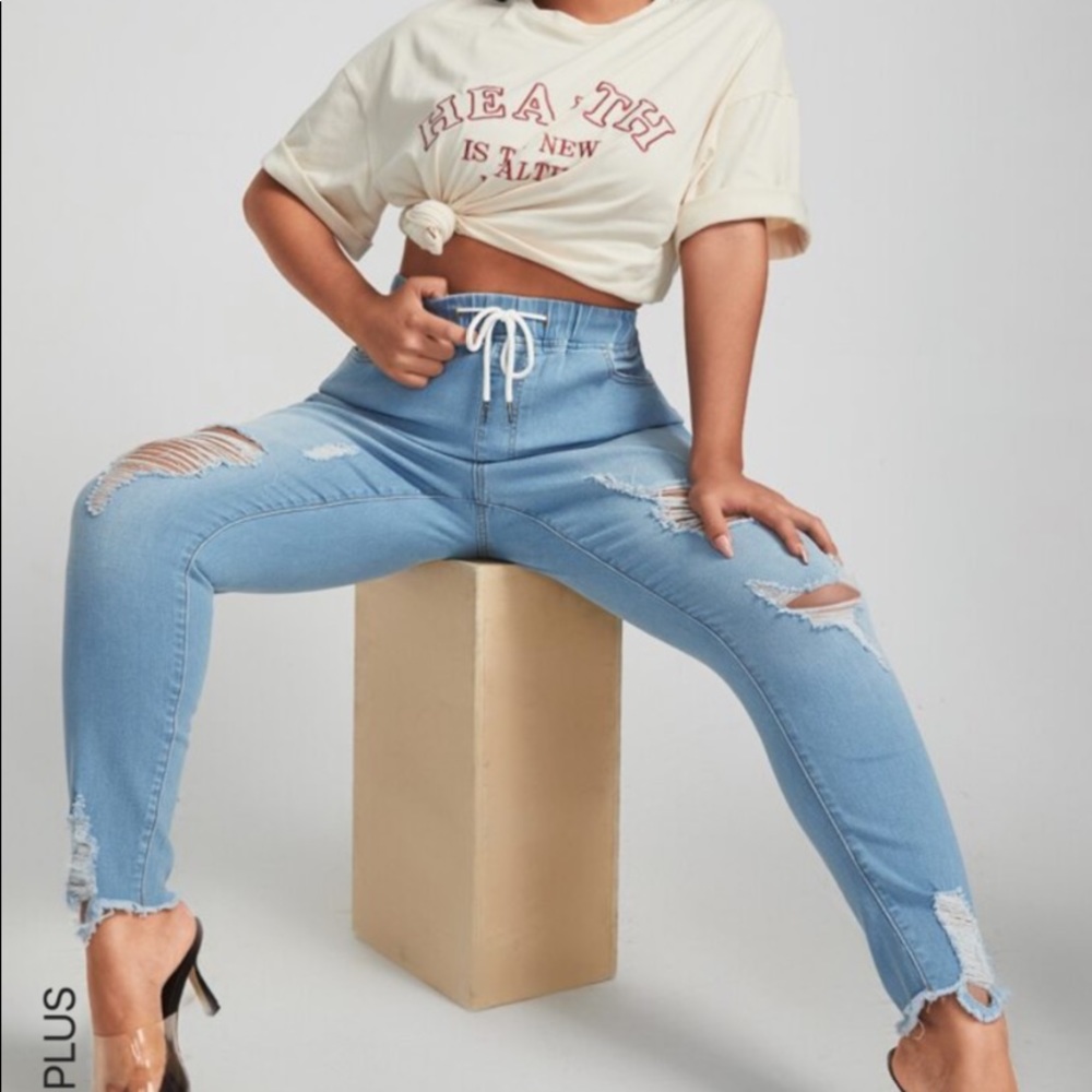 Plus Ripped Drawstring Skinny Jeans Size XL